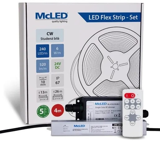 McLED  LED szalag - készlet 4 m + Vevő Nano IP67, 240 LED/m, CW, 6 W/m, DC 24V, 520 lm/m, CRI90, IP67, 10 mm, Vezető 3 m ML-126.032.90.S04002