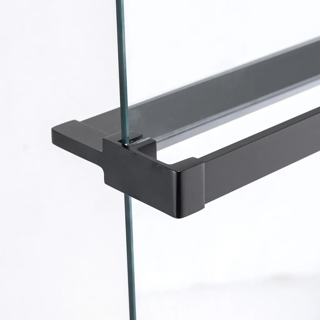 Stuxi Milano Plus Black Walk-in zuhanyfal, 120x200 cm, 8 mm vastag vízlepergető biztonsági üveggel, matt fekete profillal, távtartóval, polccal és törölközőtartóval