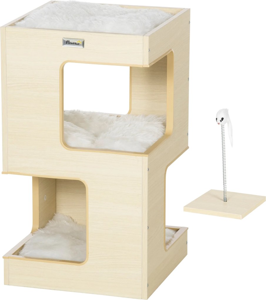 PawHut Macska Barlang, 3-Szintes Macska Szekrény Párnával, Macskaház, Macska Barlang Műegér Játékkal, Macska Bútor, Belső Tér, Tölgy, 34 x 34 x 60 cm