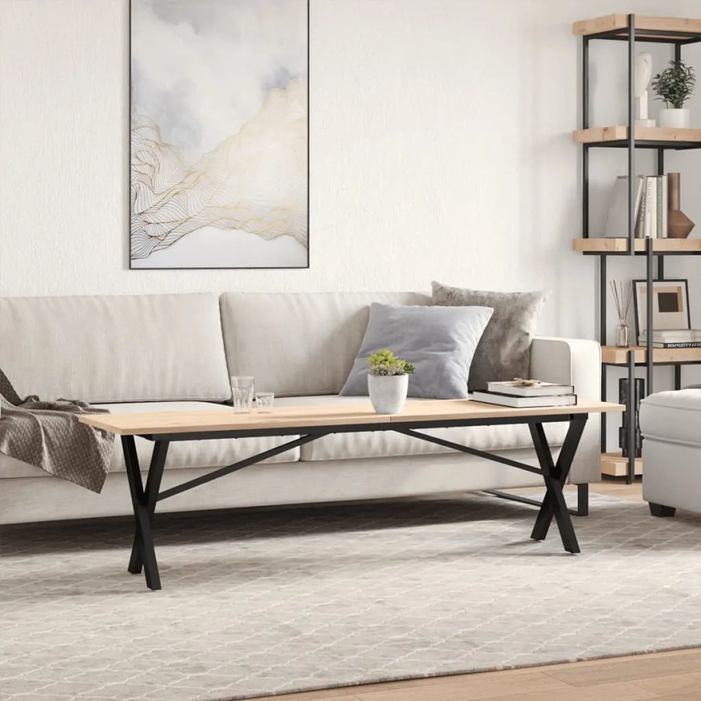 Tömör fenyőfa és acél dohányzóasztal X-vázzal 160x40x45 cm