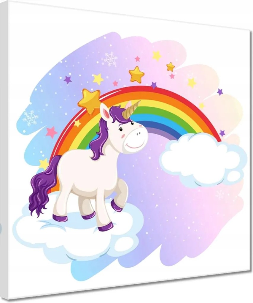 Vászonkép 30x30 Szivárvány és unikornis a felhőn