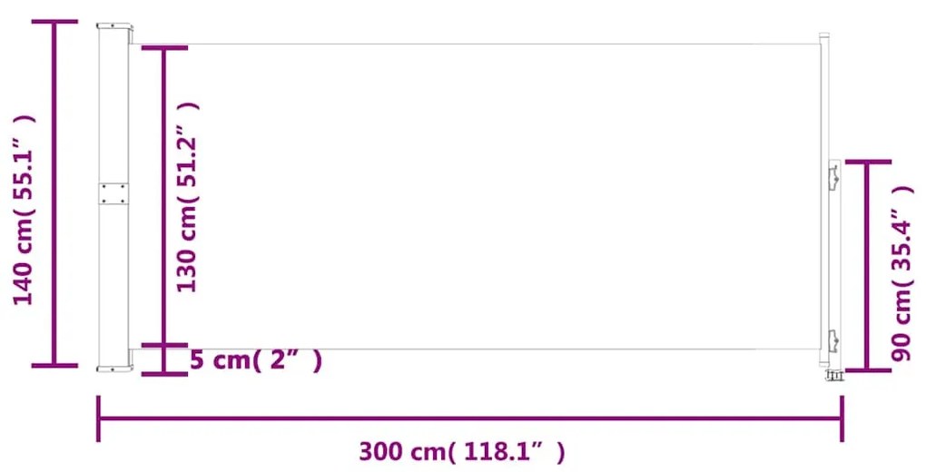 fekete behúzható oldalsó terasz napellenző 140 x 300 cm