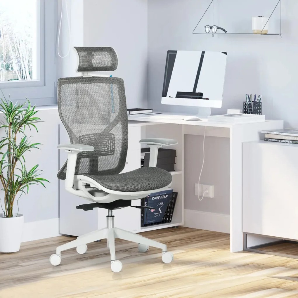 Vinsetto Ergonomikus irodai szék, derékpárna, 3D kartámaszok, ergonomikus, hálós szövet, szürke.