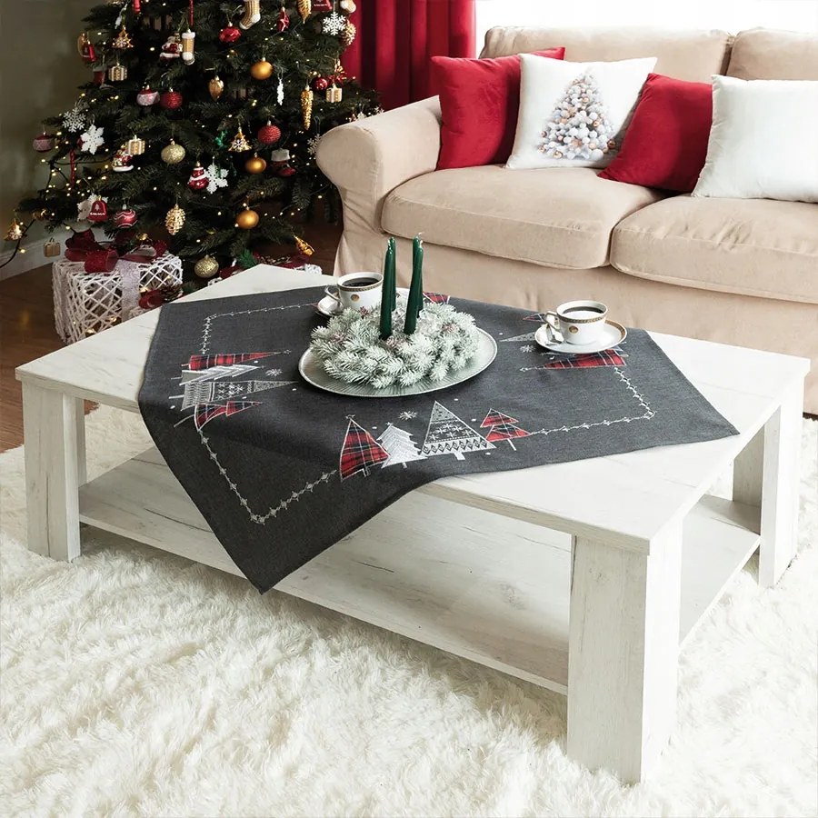 Karácsonyi futópad 85x85 Karácsonyfa Erdő grafit hímzett karácsonyfa 85x85