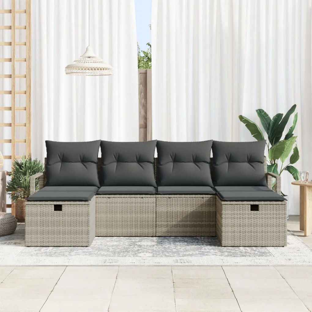 6 Részes Kerti Sofa Készlet Párnákkal Világosszürke Poli Rattan, 2-Személyes Kerti Sofa Tárolóval és Párnákkal Szürke Poli Rattan