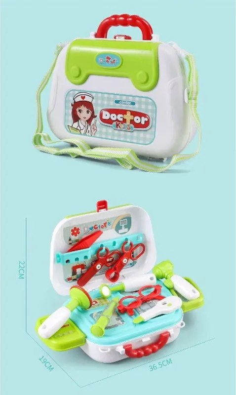 Gyermek orvosi készlet, fogantyús bőrönddel, hordozószíjjal, 12 kiegészítővel, többszínű