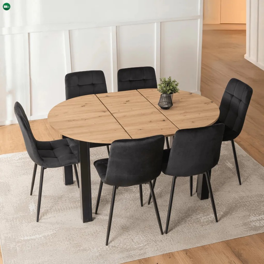 szett étkezőasztal HARRY 102-142 cm artisan tölgy/fekete és 6 szék PERU fekete