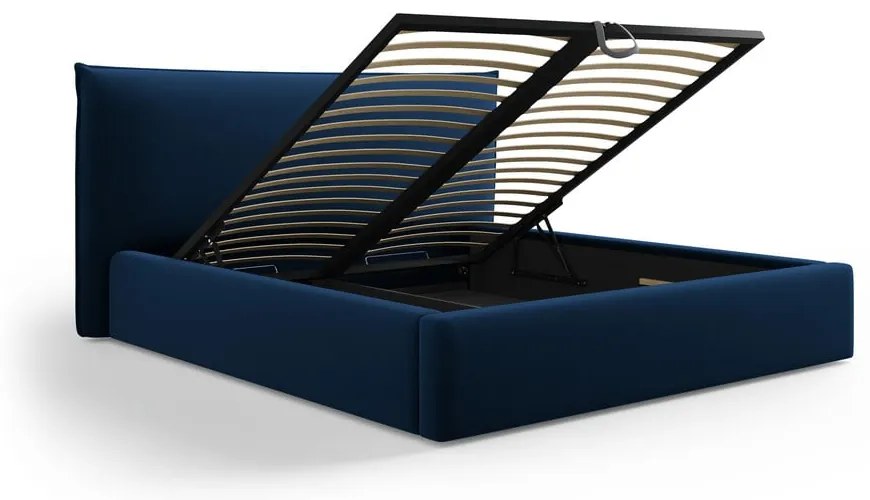Sötétkék kárpitozott ágyneműtartós franciaágy ágyráccsal 140x200 cm Elio – Milo Casa