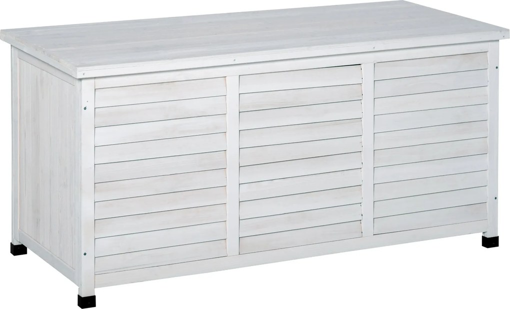 Outsunny Kültéri Tároló láda 284L Fa Kert doboz Vízálló Nyitható tetővel és Redős kialakítással 127x56x60 cm Fehér | Aosom