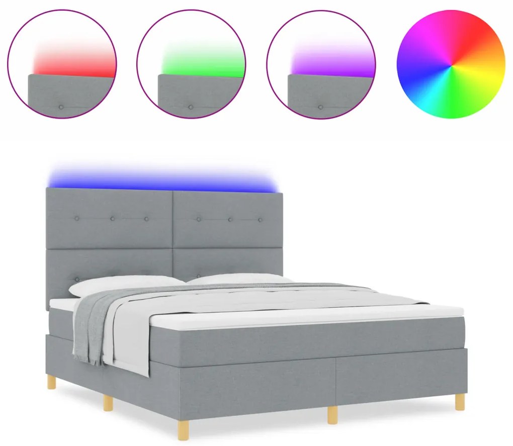Boxspring ágy matraccal és LED világítással, világosszürke 180x200 cm Szövet