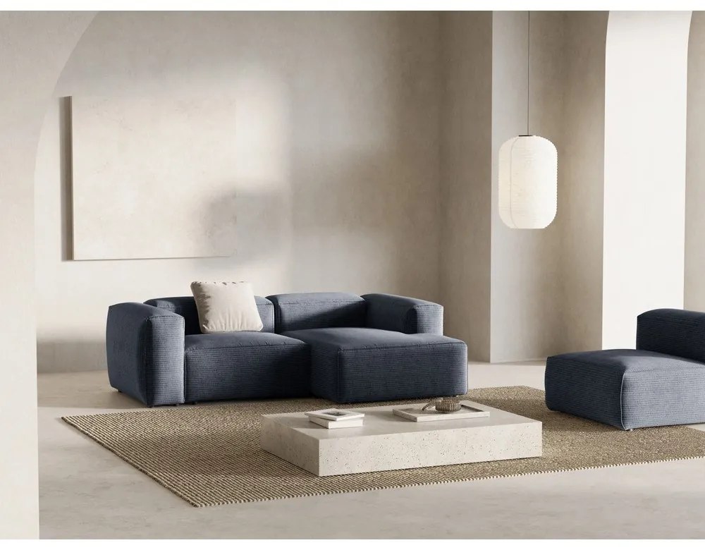 Szürkéskék kordbársony sarokkanapé (jobb oldali-heverő résszel) Bergamo – Cosmopolitan Design
