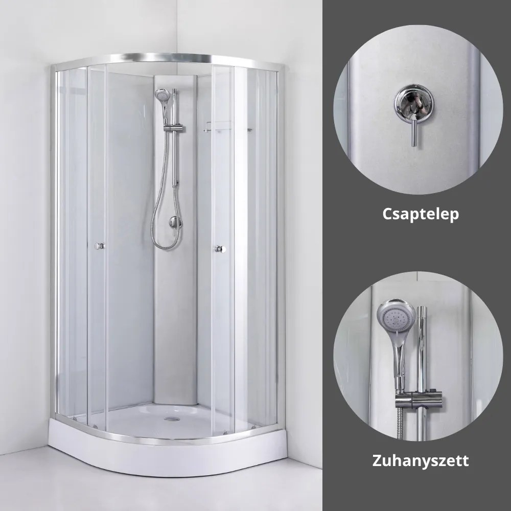 Stuxi Genova 90x90 cm íves két tolóajtós fehér hátfalas zuhanykabin 5 mm üveggel zuhanytálcával és csapteleppel