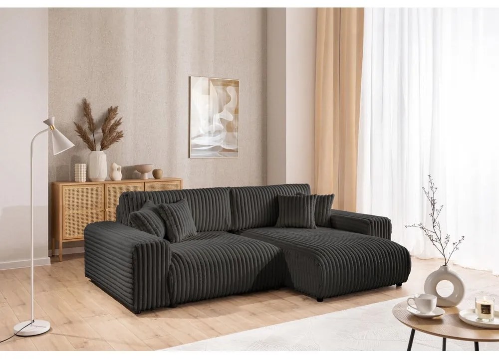 Sötétszürke kordbársony kinyitható-tárolóhelyes sarokkanapé (jobb oldali) Sarina – Ropez