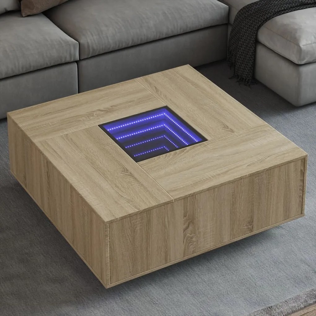 Tölgy színű végtelen hatású LED-es dohányzóasztal 100x100x40 cm
