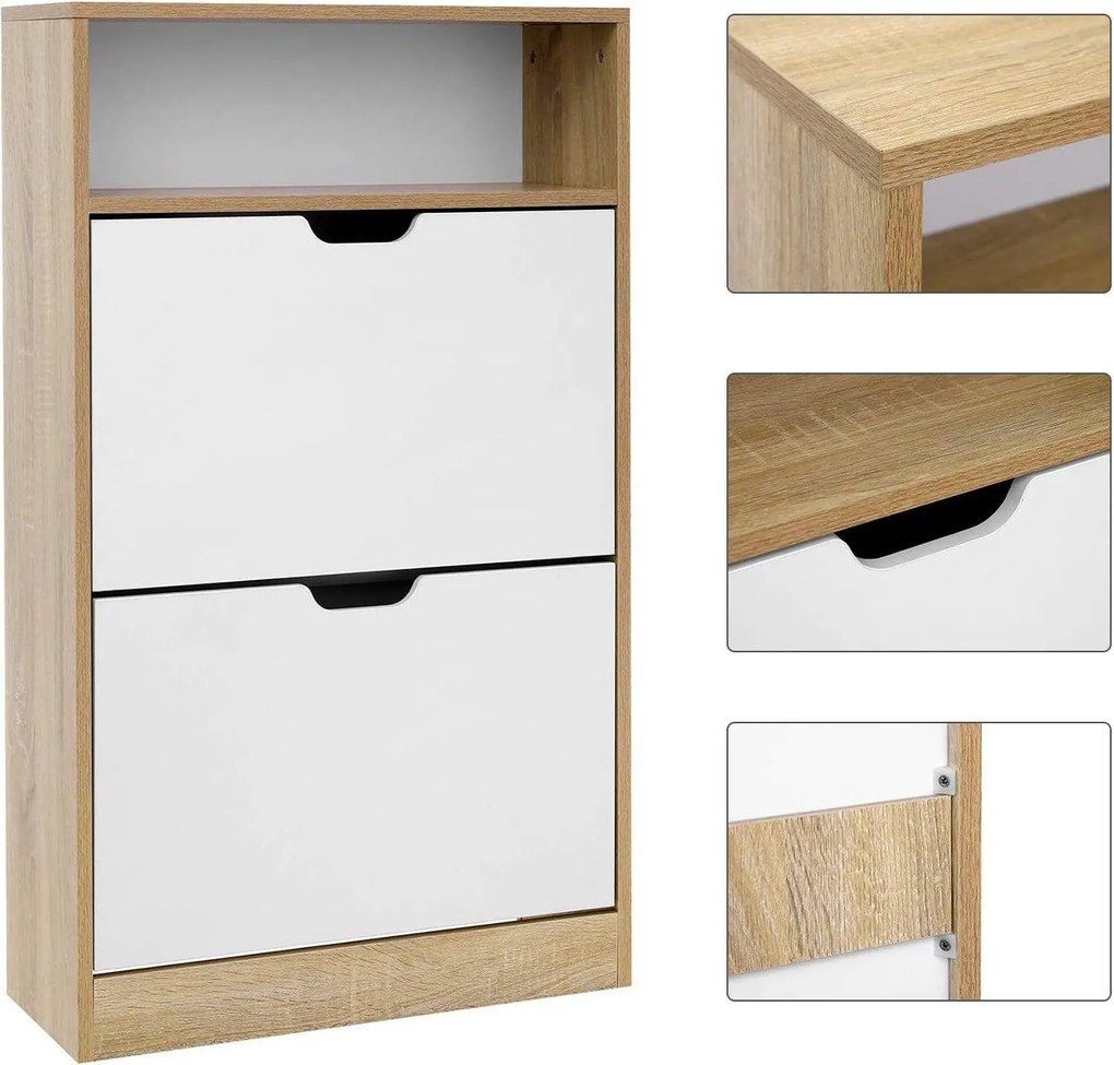 Cipős szekrény, három polcos cipőtartó 2 ajtóval fehér-natúr