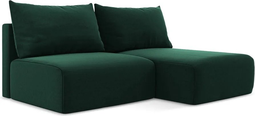 Sötétzöld bársony kinyitható-tárolóhelyes sarokkanapé (jobb oldali-heverő résszel) Kalena – Makamii