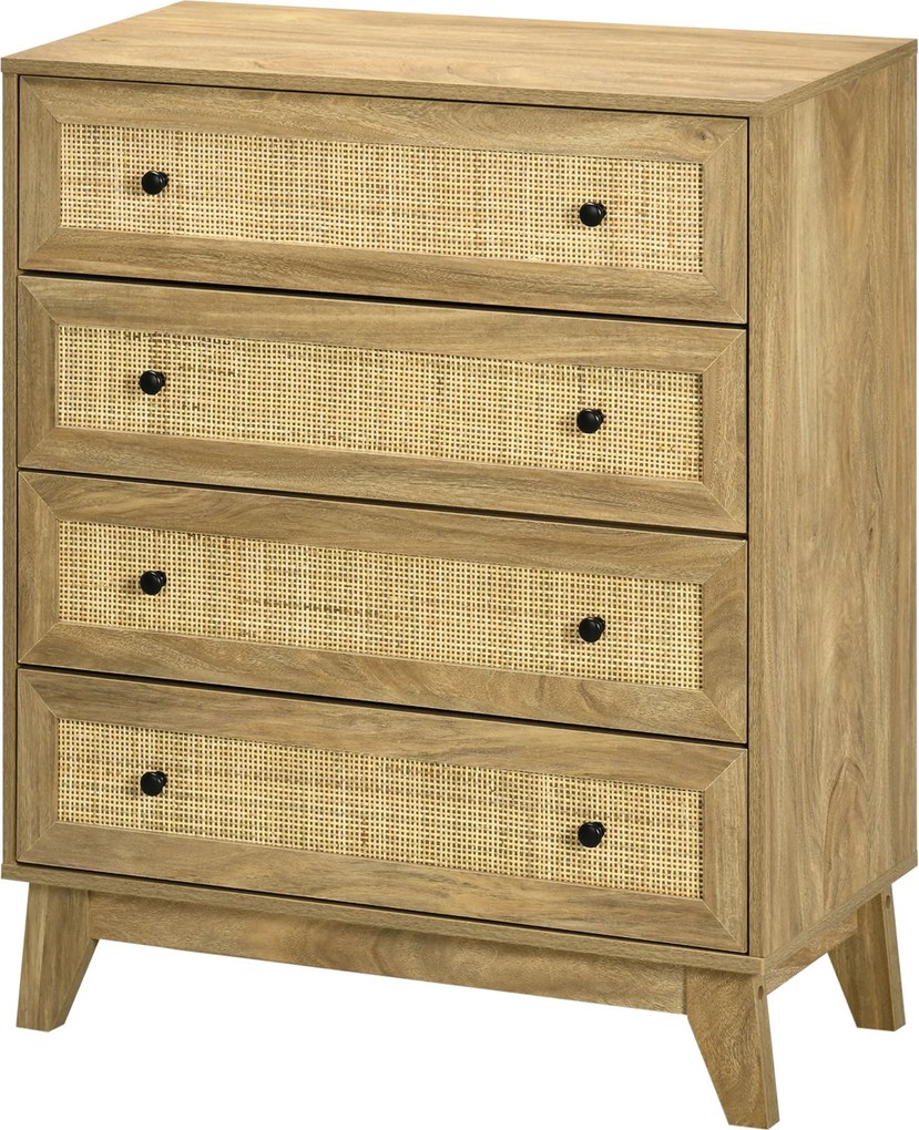 HOMCOM 4-fiókos Keskeny Komód Rattan Előlapokkal és Magas Lábakkal - Hálószobai Komód Nappaliba és Irodába 80x35x95 cm Természetes | Aosom