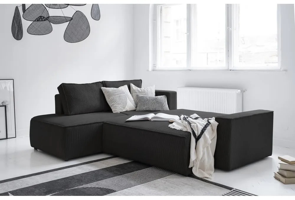 Antracitszürke kordbársony kinyitható sarokkanapé (bal oldali) Brave Dave – Miuform