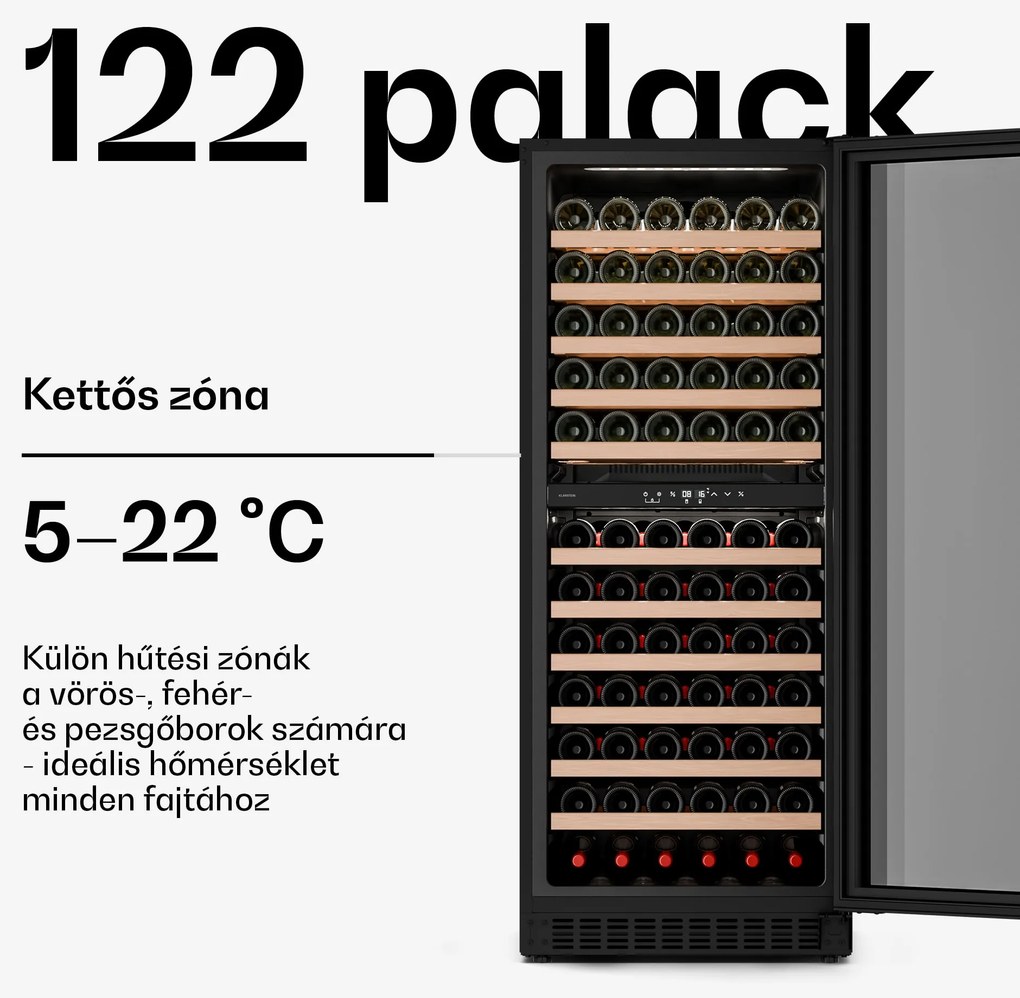 Klarstein Velaire pult alatti borhűtő, modern, elegáns, UV-védelem, Kétzónás, 122 palack