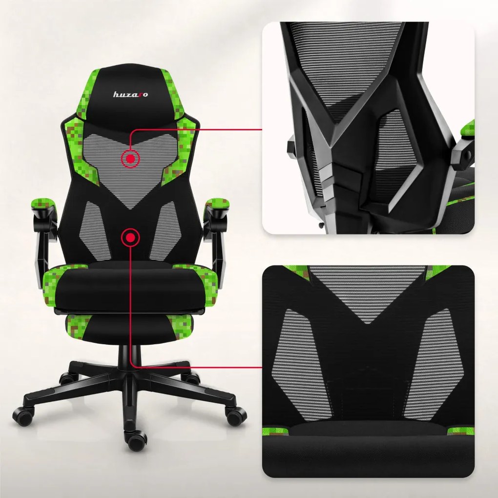 Gamer szék lábtartó, lélegző anyag, ergonómikus kartámaszok, pixel
