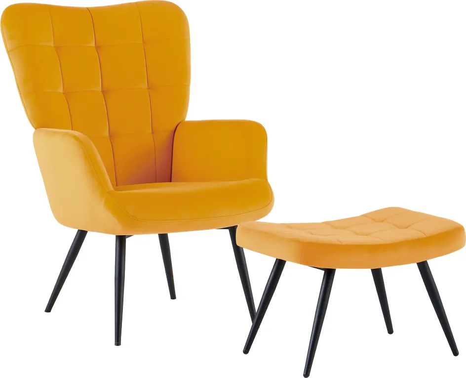 Fotel lábtartóval, sárga Velvet szövet/fekete, HABEN