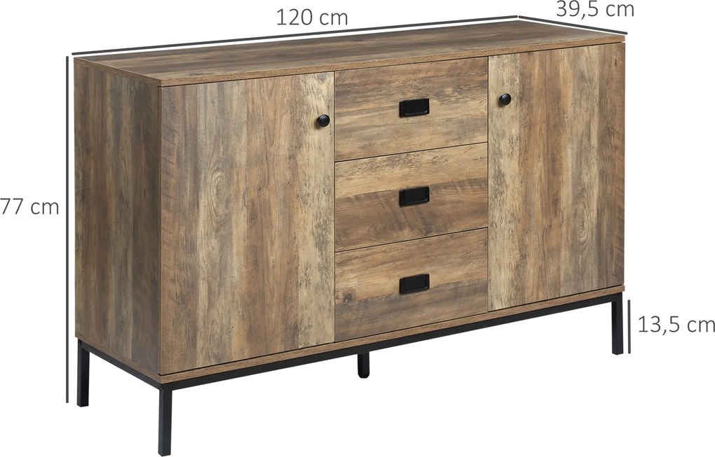HOMCOM Konyhai Buffet Tároló Szekrény 2 Szekrénnyel Állítható Polccal 3 Fiókkal Modern Stílusban - 120 x 39,5 x 77 cm Barna | Aosom