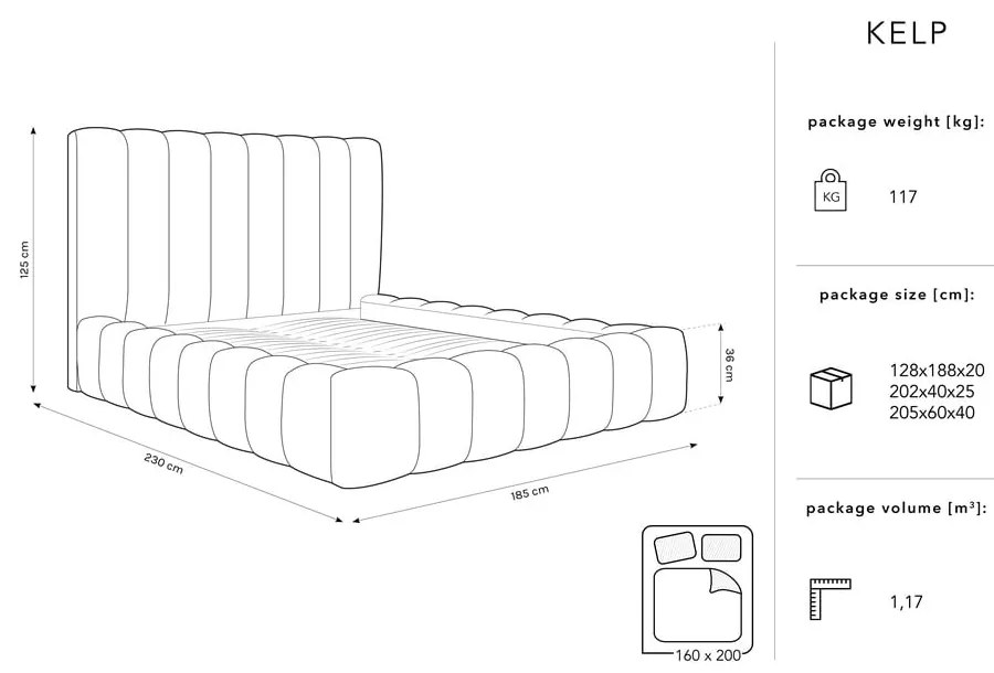 Világosszürke kárpitozott franciaágy tárolóhellyel, ágyráccsal 160x200 cm Kelp – Micadoni Home