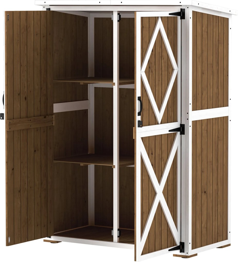 Outsunny Kerti Szekrény 0.55 m² 2 Polc, 2 Zárható Ajtó, Állítható Talpak, Fenyőfából Készült Szerszámtároló Bitumen Tetővel, 116.5x57x159/167 cm, Barn