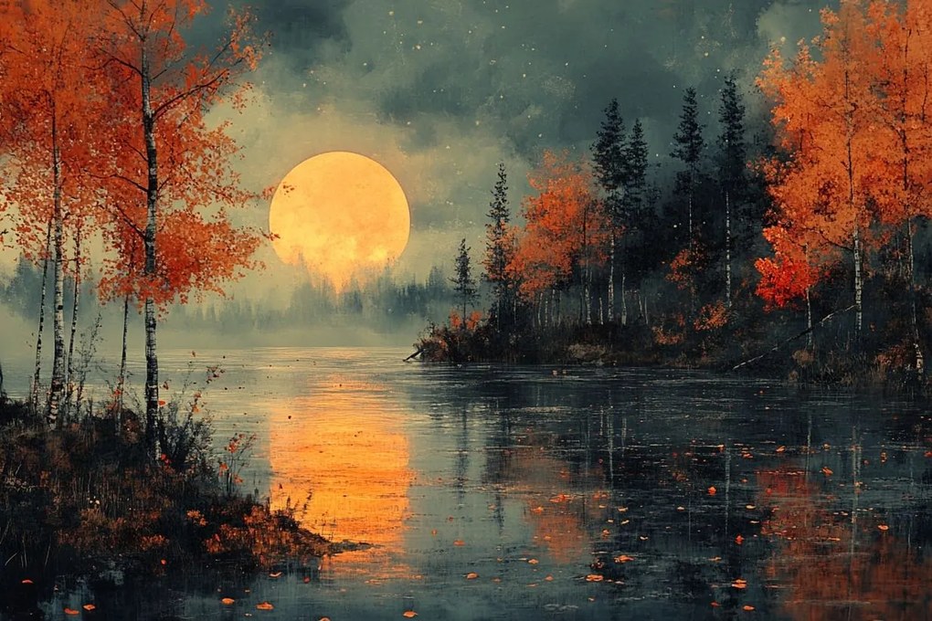 Vászonkép Canvas Tájkép Tó Fák Hold Este Éjszaka 120x80