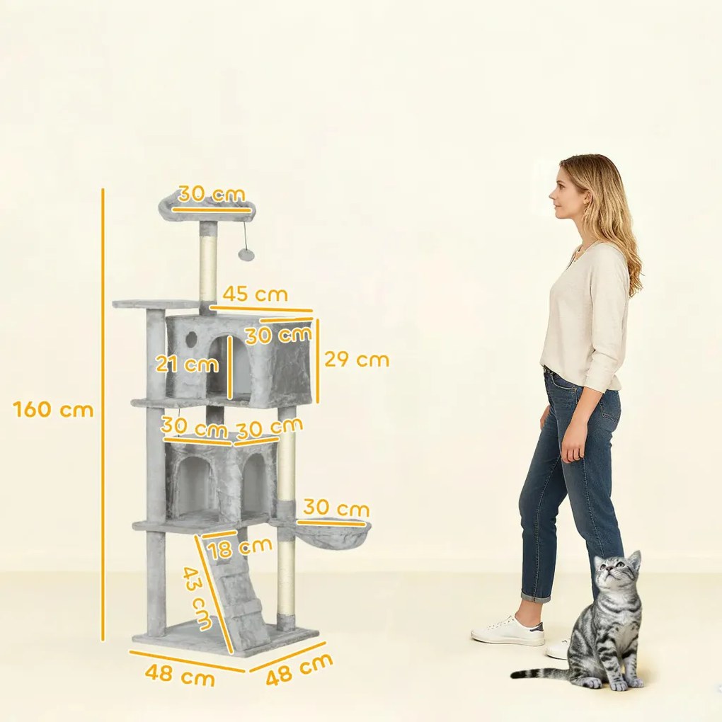 PawHut 160 cm-es macskafa, szizál kaparófák, barlangok, plüss platformok, függőágy, létra, játéklabdák