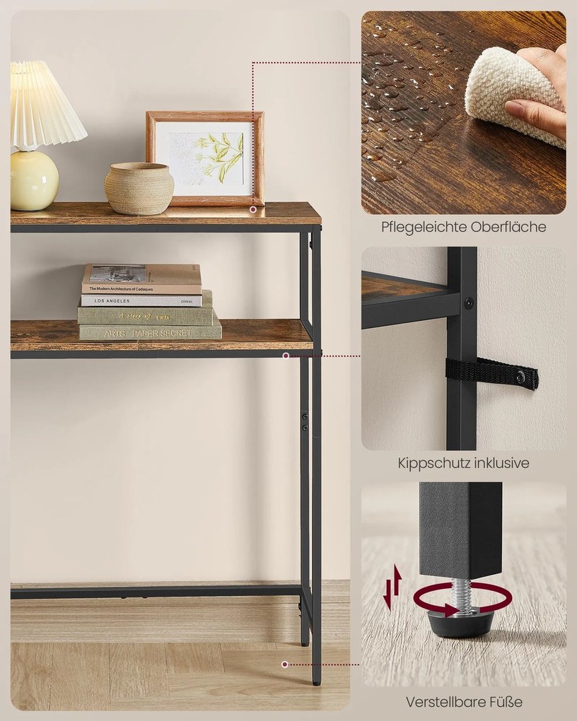 VASAGLE Konzolasztal, Keskeny Kanapé Asztal 2 Polccal, 20 x 80 x 80 cm, Vintage Barna