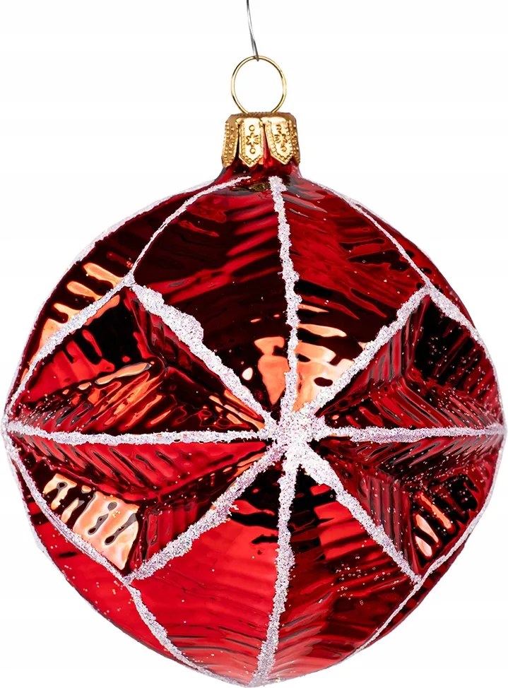 Retro piros üveg lámpaernyő karácsonyi gömb, kézzel díszített, 9 cm.