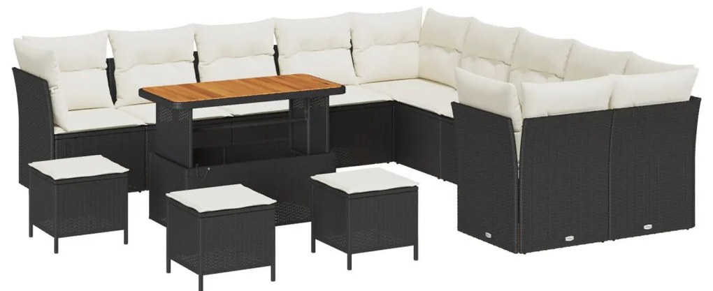 14 Darabos Kerti Sofa Szett Párnákkal Fekete Poli Rattan Akác, 4 Darabos Kerti Étkező Szett Párnákkal Fekete Poli Rattan Akác