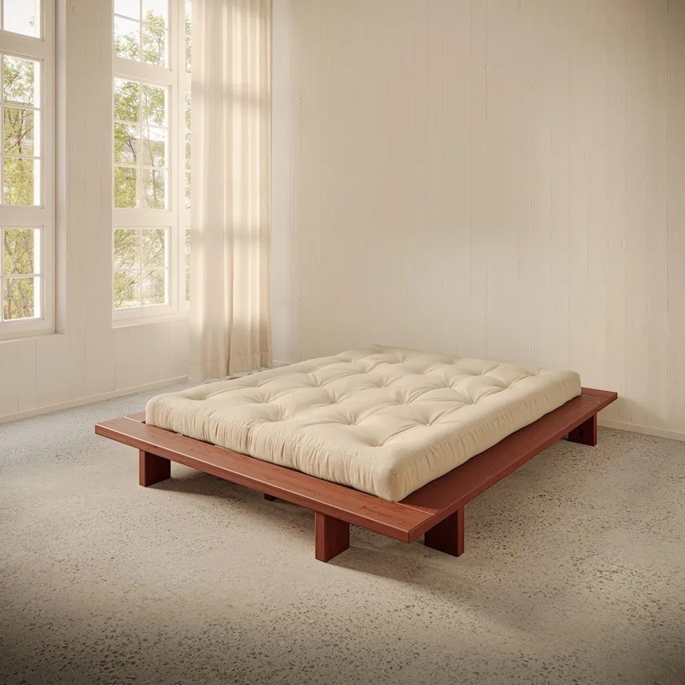 Terrakotta színű borovi fenyő franciaágy ágytámla nélkül, ágyráccsal 180x200 cm Japan – Karup Design