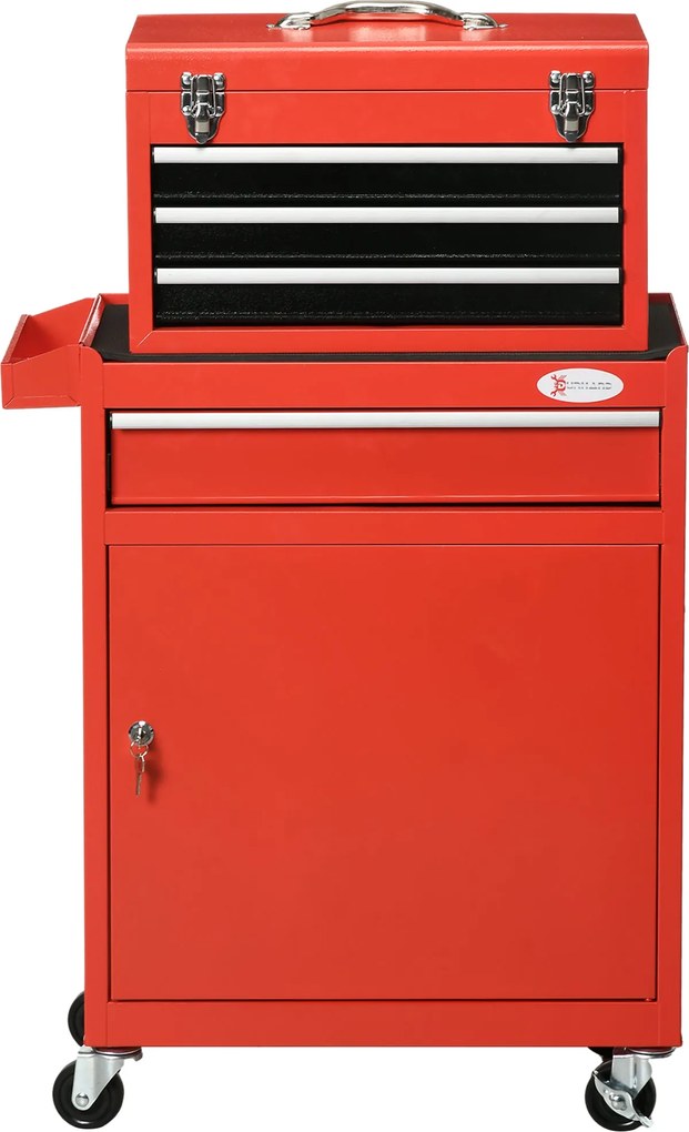 DURHAND 2 az 1-ben Szerszámtartó Kocsi Eltávolítható Szerszámosládával, Zárral ellátott Szekrény és 4 Fémborítású Fiók, Piros | Aosom