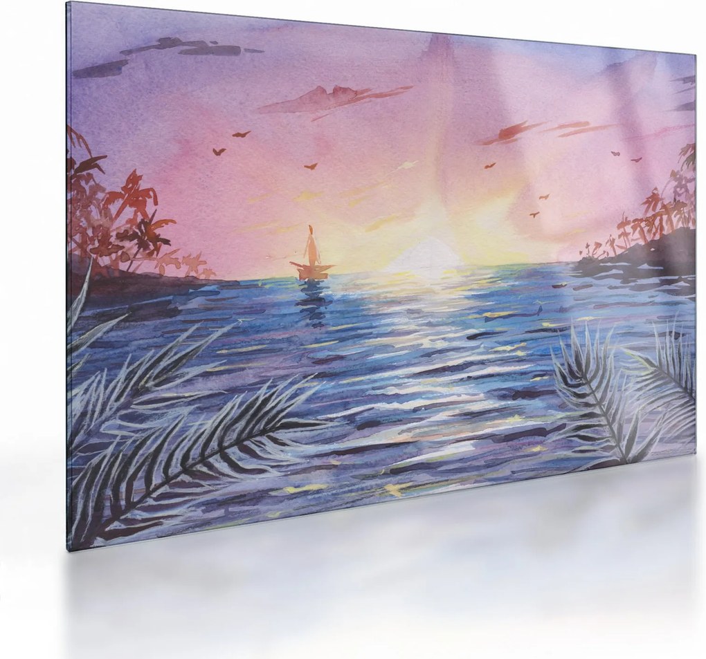 Kép - naplemente a víz felett, akvarell (üvegen) (70x50 cm)