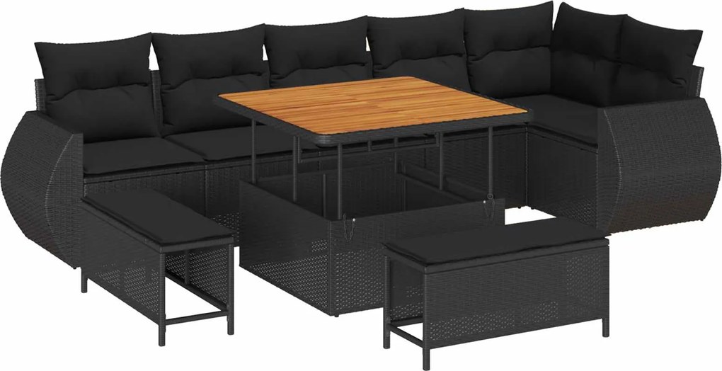 vidaXL Kerti Kanapé Szett párnával tárolóval 9 pcs Fekete Poly Rattan