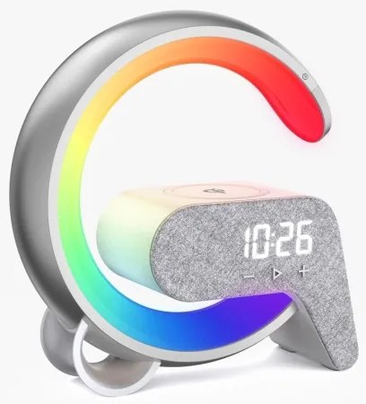 Immax 08987L-LED RGB Dimmelhető lámpa ébresztőórával és Qi töltéssel 30W/230V ezüst