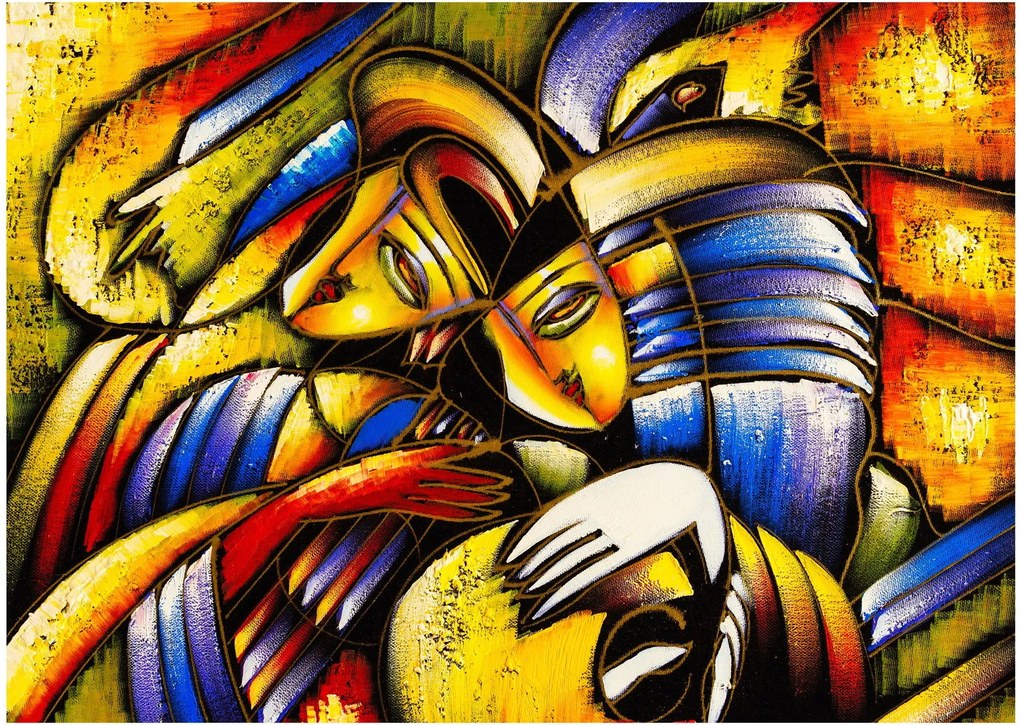 Kép - olajfestmény, szerelmesek (üvegen) (70x50 cm)