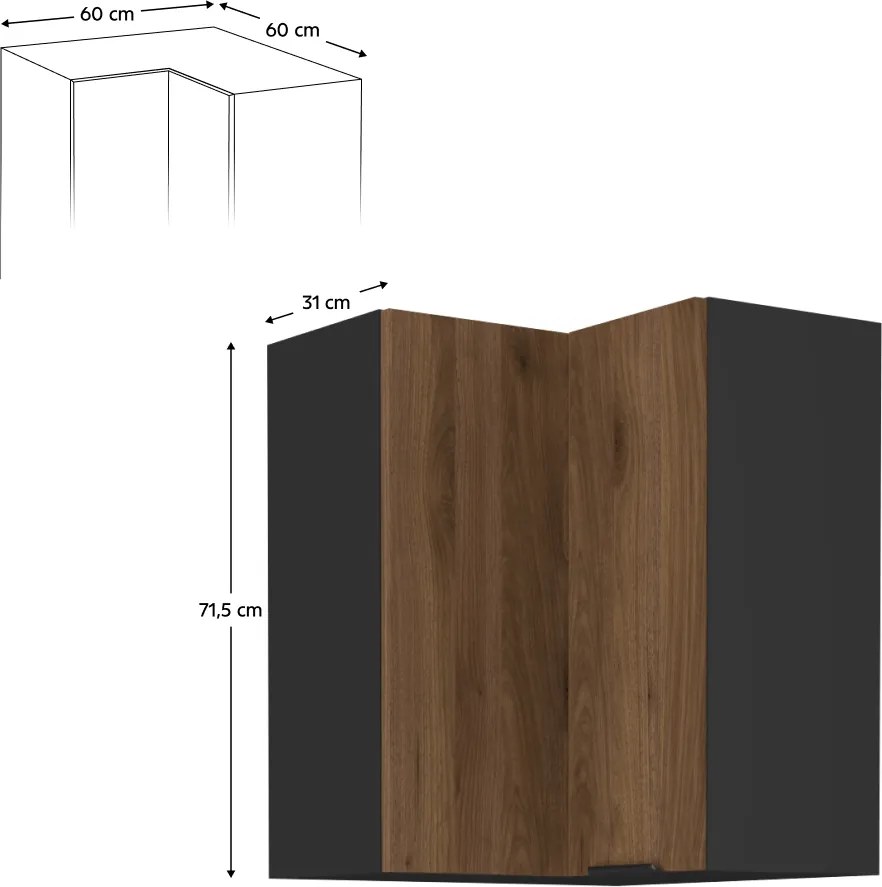Felső sarokszekrény okapi dió/fekete, MENZO 60x60 GN-72 2F