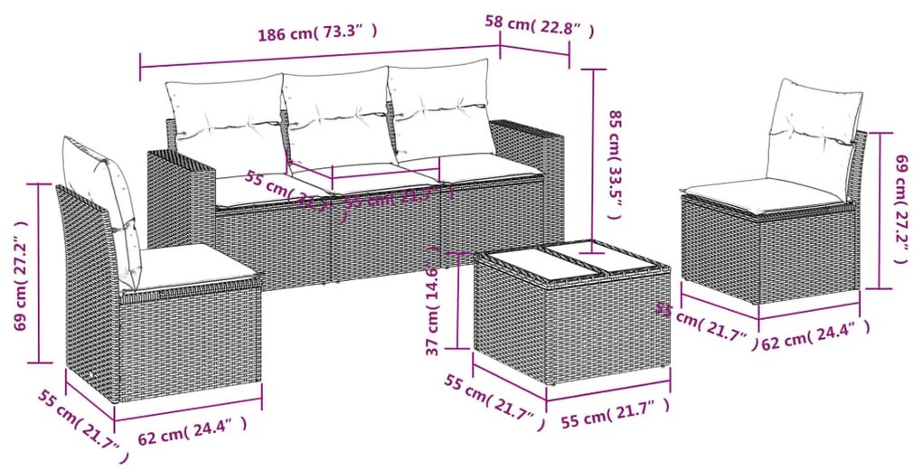 6 részes bézs polyrattan kerti ülőgarnitúra párnával