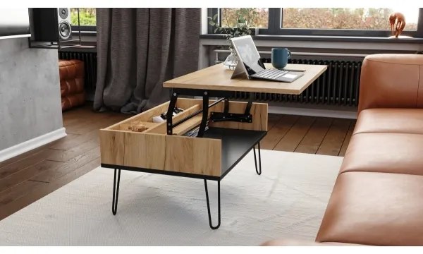 HALIJA dohányzóasztal emelhető asztallappal és polccal, craft tölgy/fekete