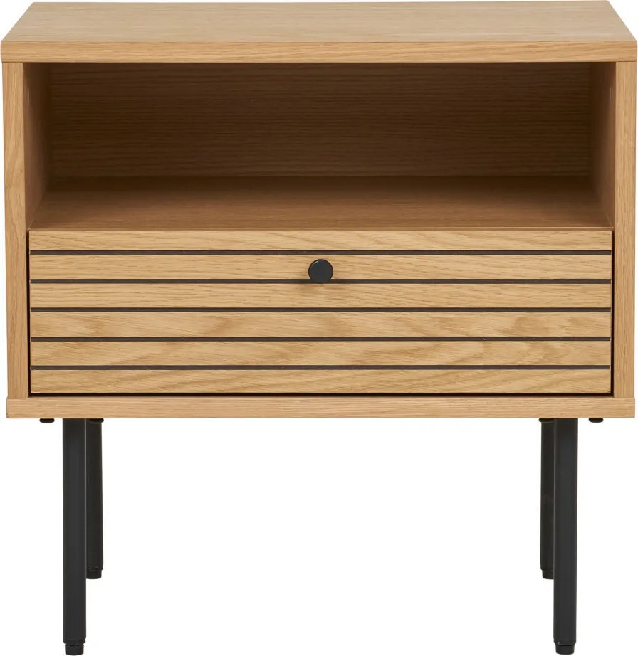 Kyoto lerakóasztal 1 fiókkal, tölgy furnér, natúr, fekete fém lábakkal, 50x40x50 cm