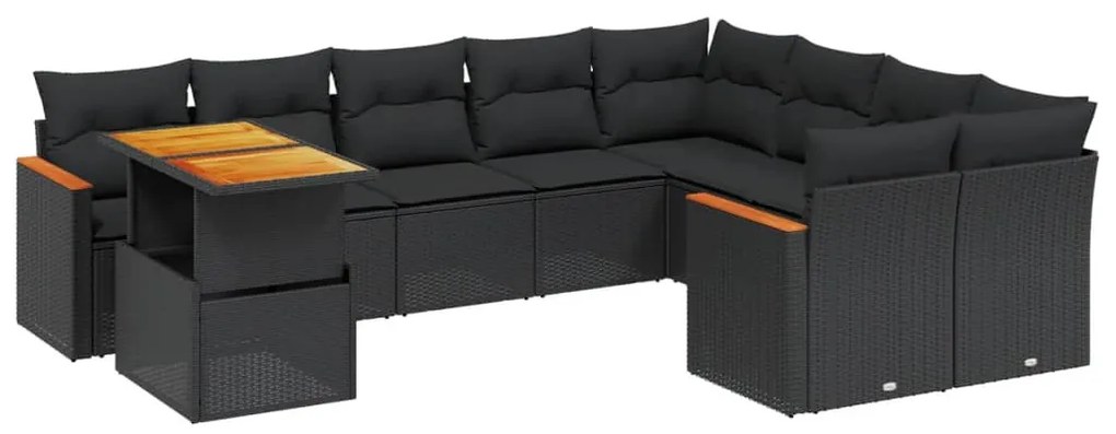10 részes fekete polyrattan kerti ülőgarnitúra párnákkal