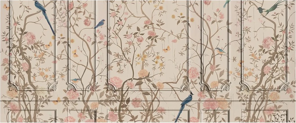 Flizelin tapéta Divatos 3D fali ragasztó Madarak és virágok 250x104 Ragasztó