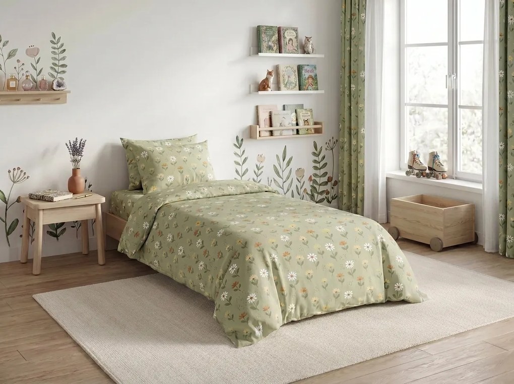 Pamut lepedő gyerekágyba FLORAL NEST zöld 110x160 cm