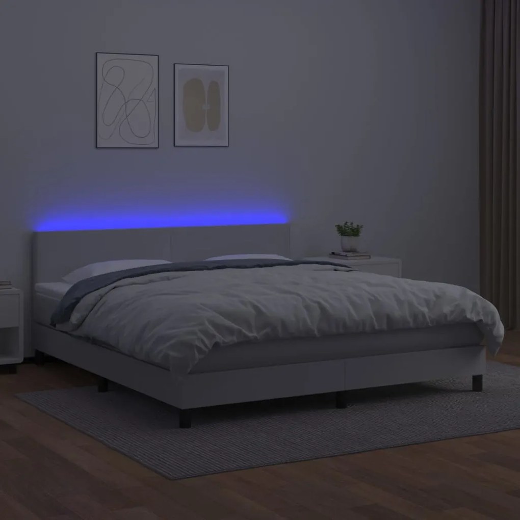fehér műbőr rugós ágy matraccal és LED-del 160x200 cm