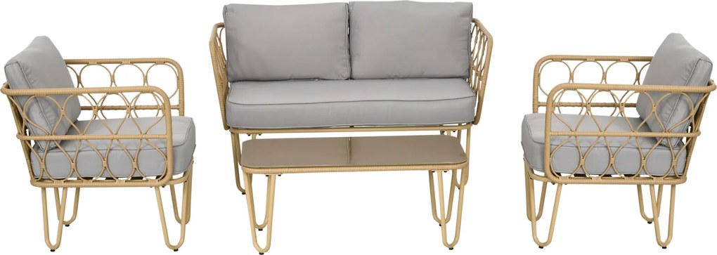 Outsunny Műrattan Kerti Bútor Szett 4 Részes Kültéri Bútor 2 Személyes Kanapéval, 2 Fotellel és Üveglapos Kávasztaljal Kivehető Párnákkal Természetes