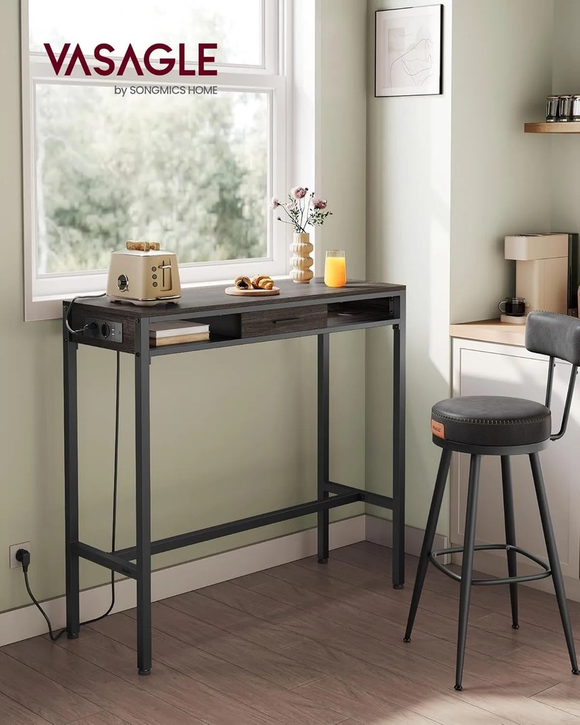 Bárasztal, magas konzolasztal töltőállomással és szövet fiókkal, barna