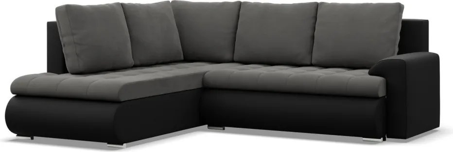 Tokio sarokkanapé, L alakú háttámlával, 2 ágyneműtartóval, bársony + műbőr, baloldali, szürke - fekete